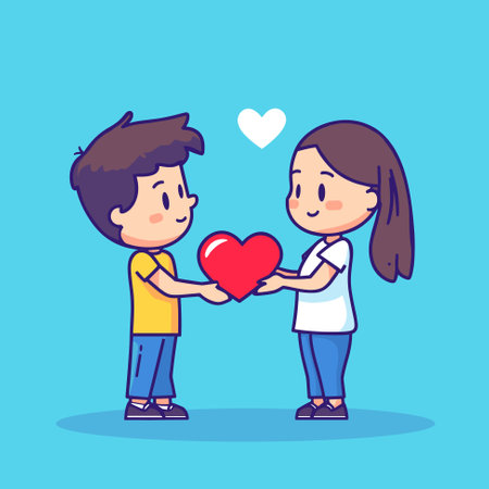 Happy adorable couple in love. Boy and girl love each other. Pair of romantic partners on date. Boyfriend and girlfriend. Love concept. Flat cartoon vector illustration for Valentine's Day.のイラスト素材