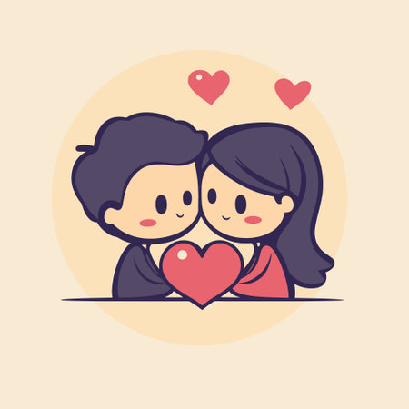 Happy adorable couple in love. Boy and girl love each other. Pair of romantic partners on date. Boyfriend and girlfriend. Love concept. Flat cartoon vector illustration for Valentine's Day.のイラスト素材