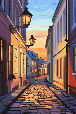 Cozy evening street of a small provincial old European city. Cobblestone sidewalk. A warm summer evening. Vector illustration.のイラスト素材
