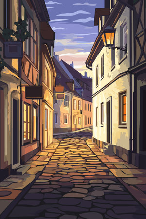 Cozy evening street of a small provincial old European city. Cobblestone sidewalk. A warm summer evening. Vector illustration.のイラスト素材