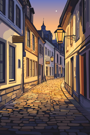 Cozy evening street of a small provincial old European city. Cobblestone sidewalk. A warm summer evening. Vector illustration.のイラスト素材