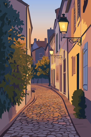Cozy evening street of a small provincial old European city. Cobblestone sidewalk. A warm summer evening. Vector illustration.のイラスト素材