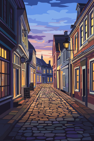 Cozy evening street of a small provincial old European city. Cobblestone sidewalk. A warm summer evening. Vector illustration.のイラスト素材