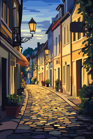 Cozy evening street of a small provincial old European city. Cobblestone sidewalk. A warm summer evening. Vector illustration.のイラスト素材