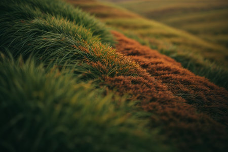 Colorful fields in spring, Wild grass in the mountains at sunset. Macro image, shallow depth of...