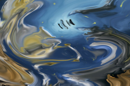 Beautiful abstraction of liquid paints in slow blending flow mixing together gentlyの写真素材