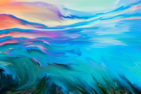 Beautiful abstraction of liquid paints in slow blending flow mixing together gentlyの写真素材