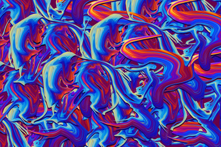 Beautiful abstraction of liquid paints in slow blending flow mixing together gentlyの写真素材