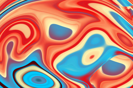 Beautiful abstraction of liquid paints in slow blending flow mixing together gentlyの写真素材