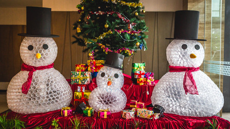 Interior Christmas Decoration; Snowman, Colorful Presents, Christmas Treeの写真素材