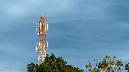 communication tower behind the treesの写真素材