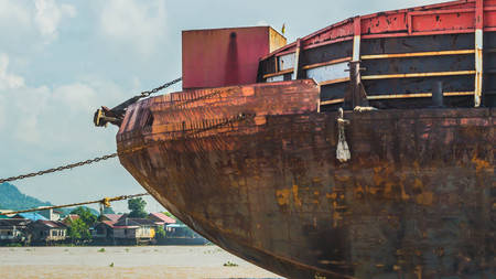 Closeup look of red rusty bargeの写真素材