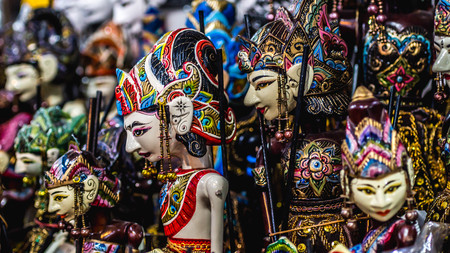 wooden puppet with traditional batik fabrique called 'Wayang Golek" from Java, Indonesiaのeditorial素材