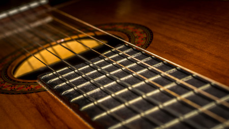 closeup of brown acoustic guitar. art and music background