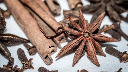 various aromatic spices and herbs on white background. cook and health backgroundの写真素材