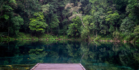 beautiful view of crystal clear water surrounded with dense green vegetation in Telaga Biru, Berau, Indonesiaの写真素材