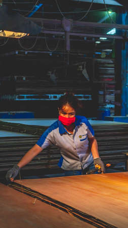 Female worker activity at plywood manufacture industryのeditorial素材
