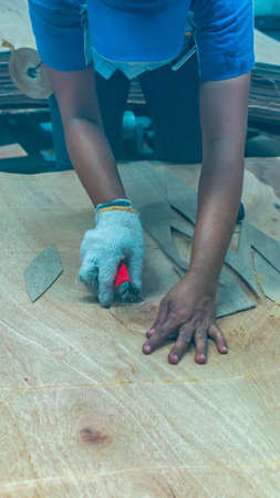 worker cut and glue the veneer at plywood manufacture industryの写真素材