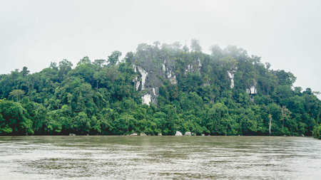 Batu Dinding, iconic landscape of limestone wall on the upper Mahakam riverbank. Beautiful landscape of karst on the riverbankの写真素材