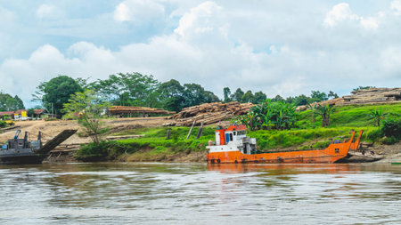 Timber loaded into big barge then drag by a tugboat cruising Mahakam River, Borneo, Indonesiaの写真素材