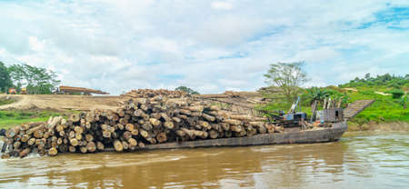 Timber loaded into big barge then drag by a tugboat cruising Mahakam River, Borneo, Indonesiaの写真素材