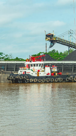 Barge of coal loaded by conveyor, Mahakam River, Outback of Borneo, Indonesiaの写真素材
