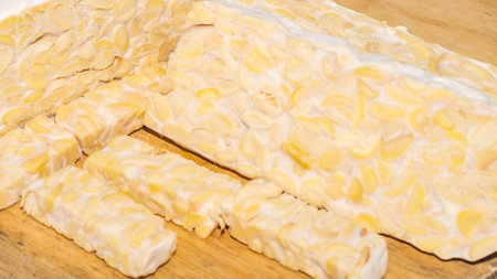 Raw slices of Tempeh, typical Indonesian food fermented made from fermented soybeans. Tempeh is very...