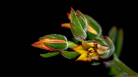 Isolated flower of succulent plant on black background. Detail of Echeveria flower on black backgroundの写真素材
