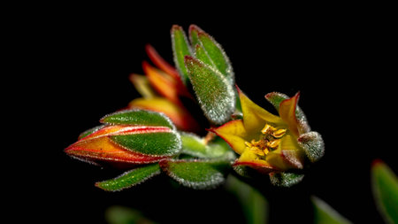 Isolated flower of succulent plant on black background. Detail of Echeveria flower on black backgroundの写真素材