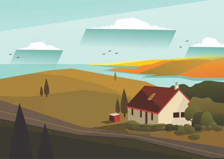 Landscape of beautiful holiday cottage, vector illustration of natural and rustic background for poster, banner, card, brochure, or cover.のイラスト素材