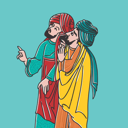 illustration of two Arabic Islamic Sufi people pointing and looking up