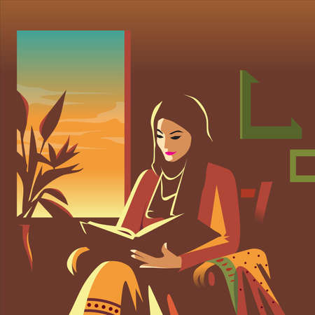 Reading is a window to the world: an Indian Muslim woman is reading a book beside the windowのイラスト素材