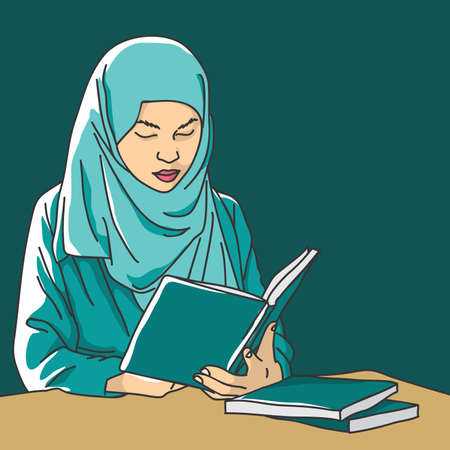 Muslim women read books in torquise clothesのイラスト素材
