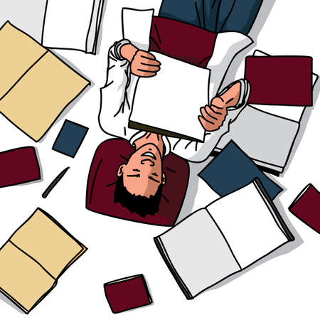 a man lying down reading a book with several books scattered around him