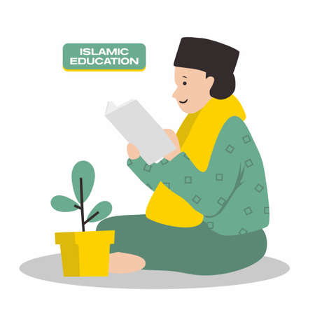 Islamic education illustration of a boy reading a bookのイラスト素材