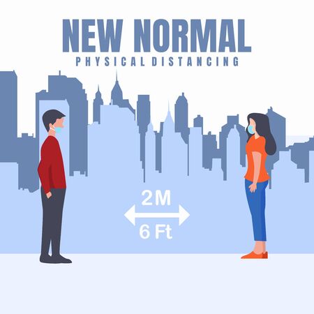 Man and woman keep distance away in the meeting with virus pathogens, Social distance in New normal Concept, keep distance in public society people to protect from COVID-19 outbreak spreading.のイラスト素材