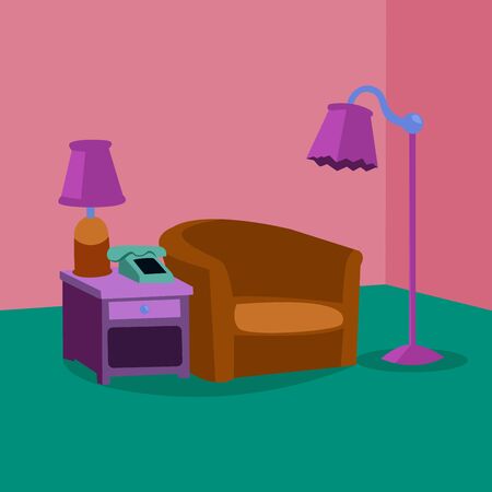Illustration graphic vector of a cozy room with sofa, lamp and telephone. Living room design.のイラスト素材