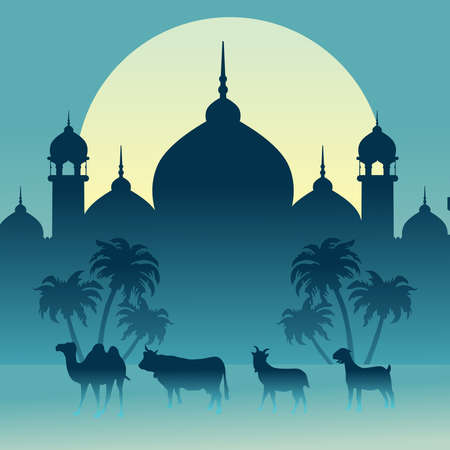 Eid Al adha Background with mosque and sacrificial animals vectorのイラスト素材