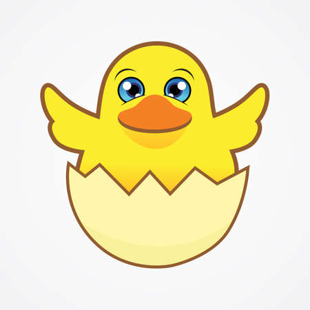 Funny little chick in cracked egg vector graphic illustration. Chicken newborn baby in the shell.のイラスト素材