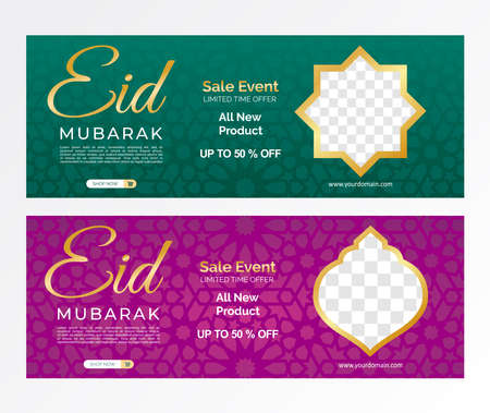 Social media banners set for EID MUBARAK. Social media ads, header or banner set of Eid Mubarak Sale, Eid Mubarak celebration.のイラスト素材