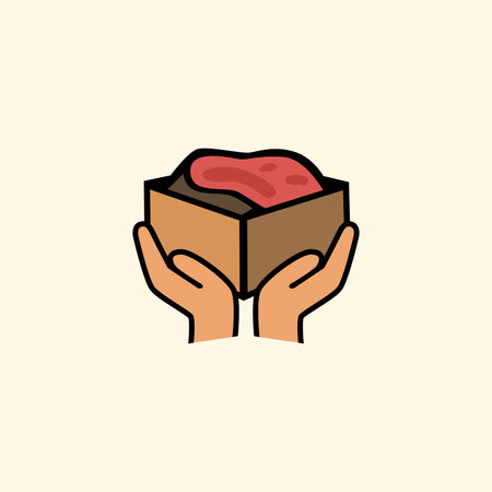 Hand holding a box with meat. Vector illustration in flat style.のイラスト素材