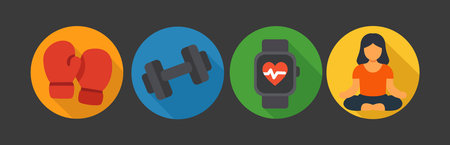 Fitness and workout icons set. Vector illustration in flat style.のイラスト素材