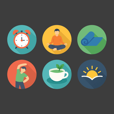 Vector icon pack of wellness and mindfulness with alarm clock, mountain, tea, yoga mat, sunrise, and meditating person for mental health designのイラスト素材