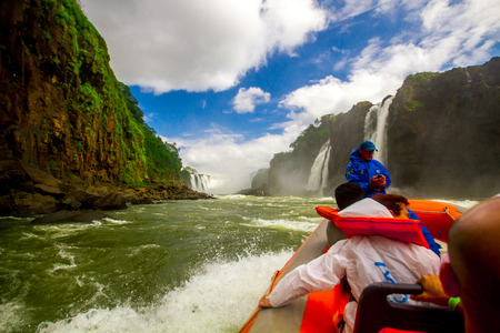 speedboat ride near the water River Falls, in Foz do Iguazu, Parana, Brazilのeditorial素材