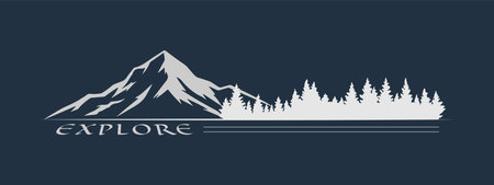 Clean vector emblem featuring a stylized alpine mountain range and pine forest silhouette with âExploreâ typography, designed in a minimalist flat style. Ideal for outdoor brands, adventure tourism, travel platforms, hiking communities, camping merchandise, lifestyle apparel, posters, website headers, and branding identities. This design communicates exploration, freedom, nature, and adventure with strong visual balance and modern composition.のイラスト素材