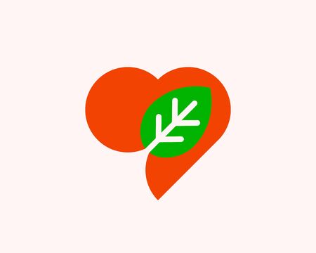 Simple green leaf and heart shape. Vector colorful modern minimal style illustration, emblem, symbol,のイラスト素材
