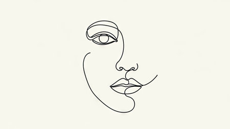 A minimalist line drawing depicts a woman's face in a continuous stroke. The artwork features a single line forming the eye, nose, and lips, set against a soft, neutral backdrop. The style evokes a sense of simplicity and elegance, suitable for various design applications, potentially for editorial or illustrative purposes.の素材