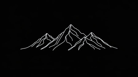 This graphic showcases a mountain range depicted with clean, white lines against a stark black backdrop. The style is minimalist and the composition is centered. Its simplicity allows for versatile use in a variety of design applications, including illustrations and digital art. The high contrast of the image makes it suitable for both commercial and editorial use.の素材