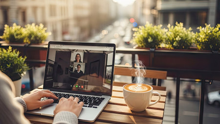 A person uses a laptop computer while sitting on a balcony, engaging in a video conference. The scene shows a laptop screen displaying other people. A cup of coffee with steam sits nearby. The photograph features natural lighting and a blurred background. Suitable for online communication or business themes.の素材