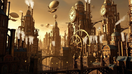 An imaginative cityscape features intricate architectural details and several airships soaring above. The warm color palette includes tones of gold and brown, enhanced by sunlight and shadows. This visual narrative may be useful for various commercial applications, including editorial designs, or creative projects.の素材